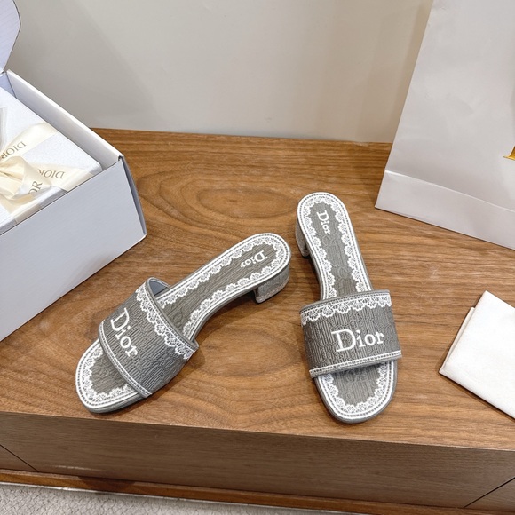 Meet the Posher Shoes - DIOR Dway Lace-Embroidered Heeled Mules Slides Grey
